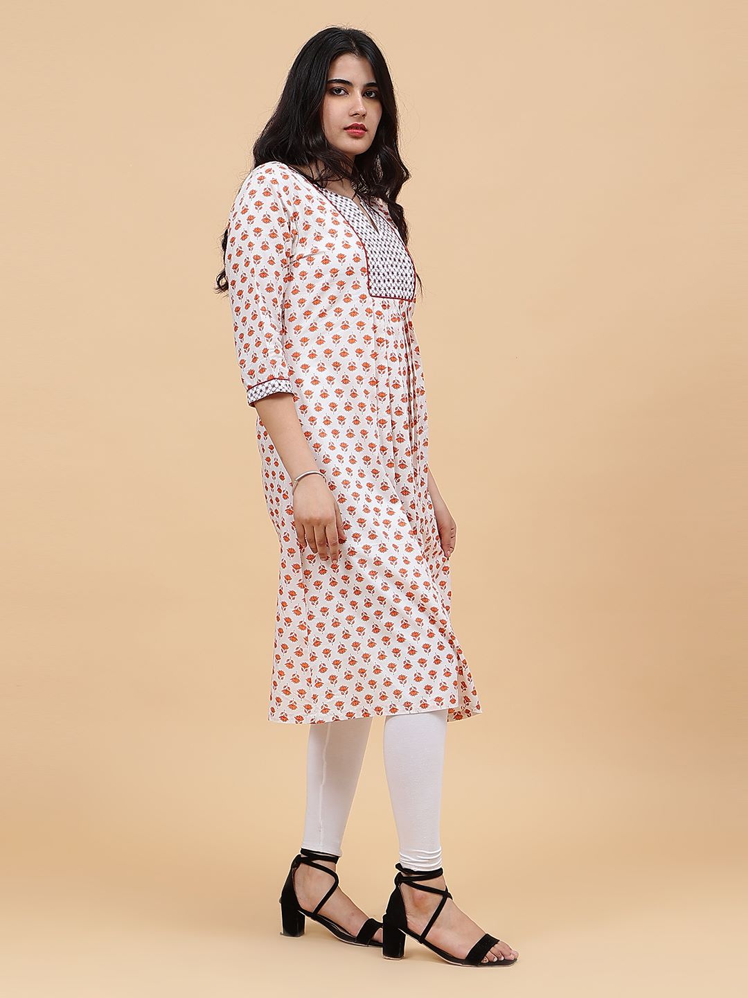 Women Coral And White Floral Yoke Design Embroidery Cotton Kurti