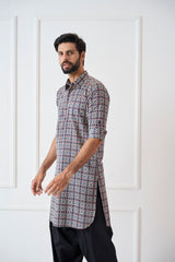 Men Midnight Blue and Crimson Pure Cotton Pathani Kurta