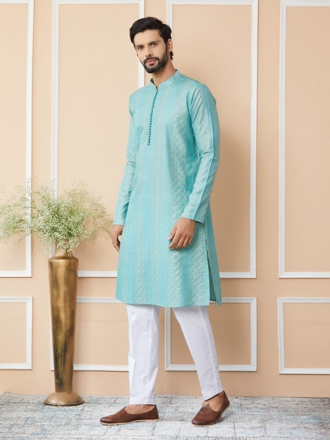 Ice Green Embroidered Thread Work Sequinsed Chanderi Silk Straight Kurta with Pyjama