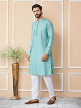 Ice Green Embroidered Thread Work Sequinsed Chanderi Silk Straight Kurta with Pyjama