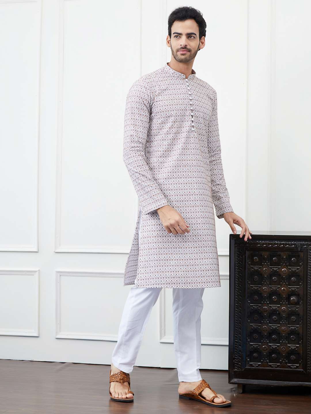 Men White and Bronze Pattern Chikankari Embroidered Cotton Kurta Set