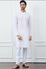 Men White Cotton Kurta With Pink Thread Work