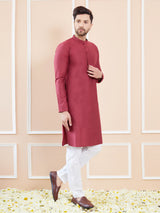Men Burgundy Cotton Solid Straight Kurta With Pyjama