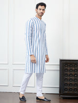 Men White And Blue Chikankari Embroidered Cotton Kurta