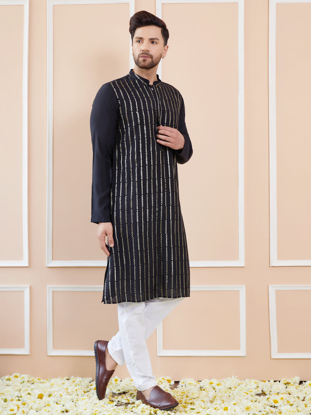 Men Midnight Stripes Chanderi Silk Sequins Kurta