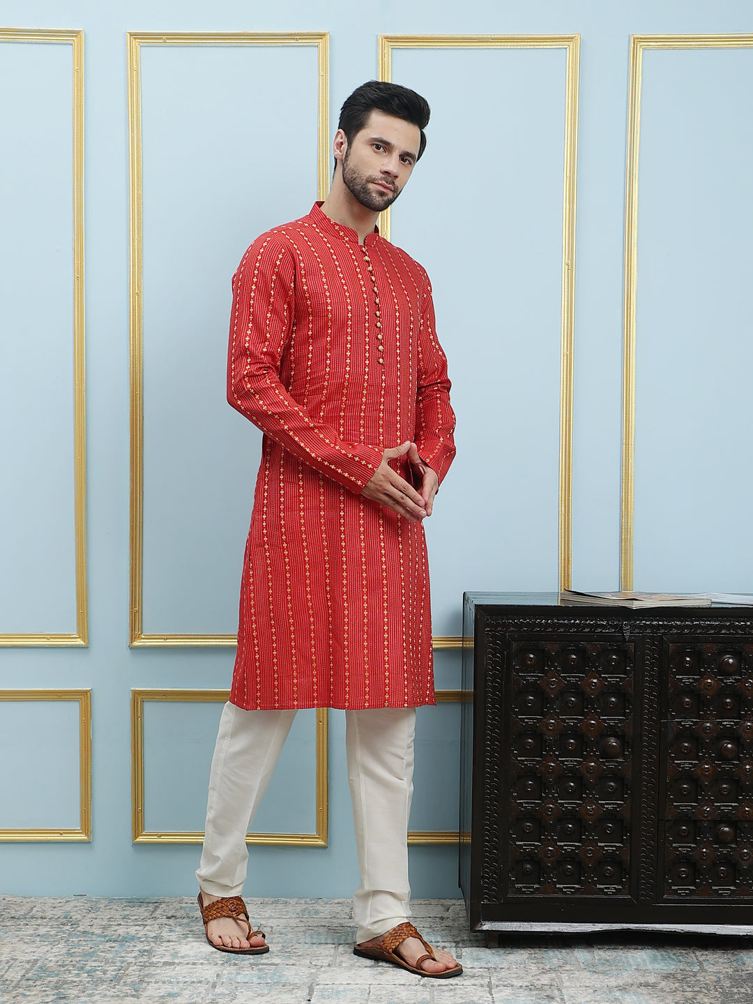 Riwaat.com Men Red & Gold Thread Work Cotton Silk Kurta Riwaat Embroidered