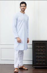 Men Blue And White Chikankari Embroidered Cotton Kurta