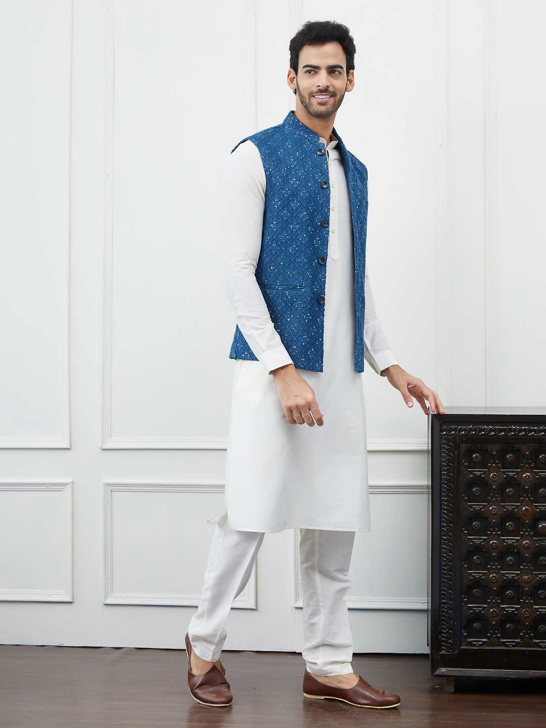 Men Blue Color Woven Design Embroidery With Sequence Cotton Nehru Jacket