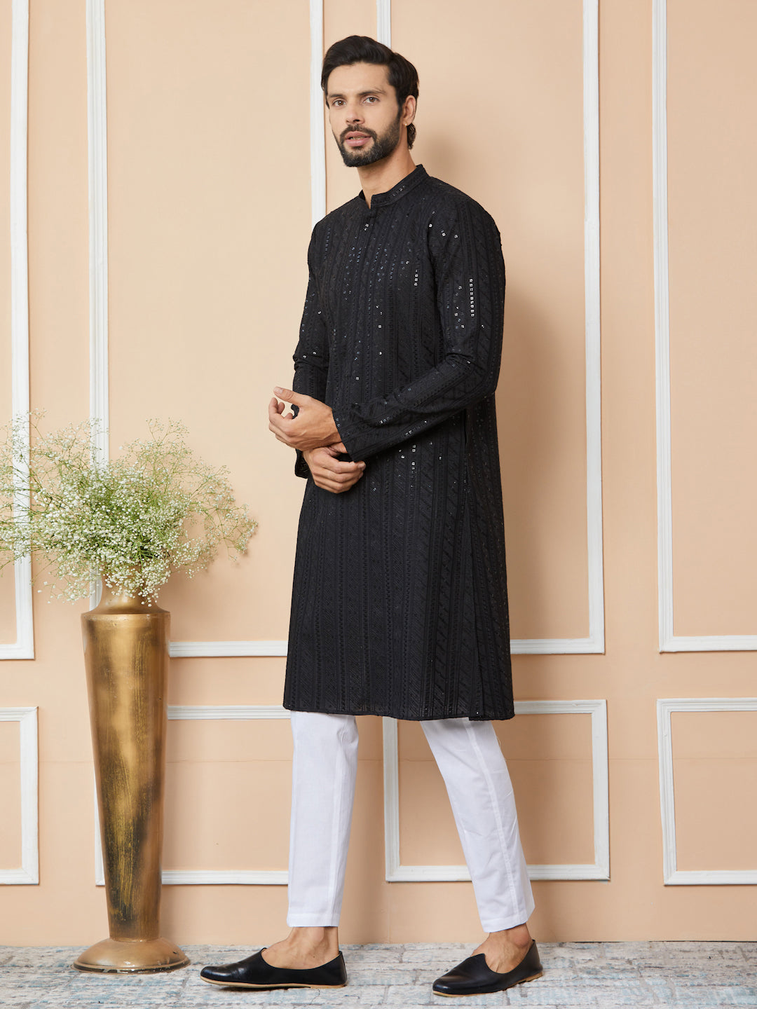 Black Sequins Embroidered Chikankari Pure Cotton Straight Kurta with Pyjama