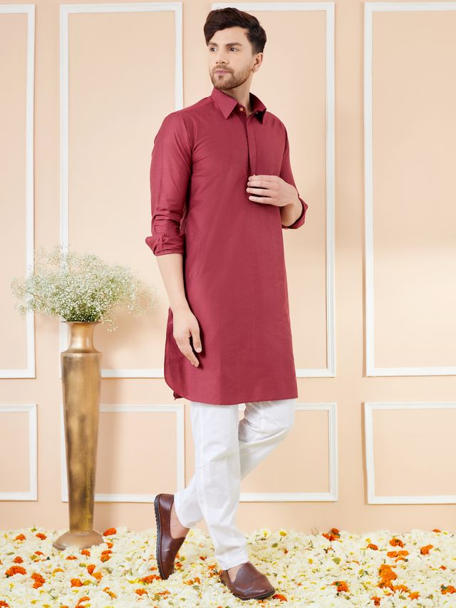 Men Maroon Cotton Solid Pathani Kurta