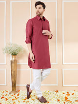 Men Maroon Cotton Solid Pathani Kurta