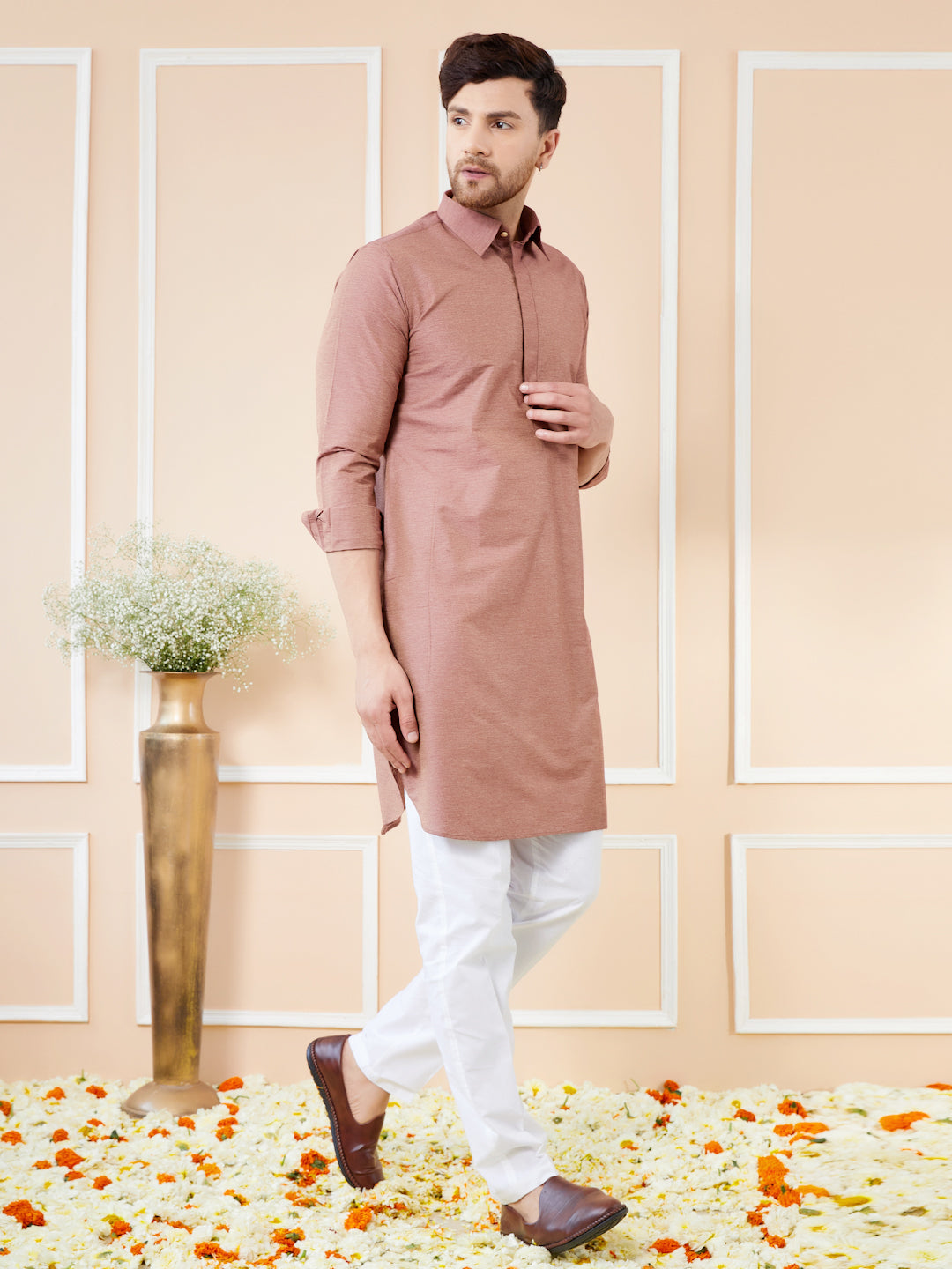 Men Brown Cotton Solid Pathani Kurta with Pyjama