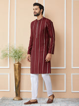 Maroon Sequins Embroidered Pure Chanderi Silk Straight Kurta with Pyjama