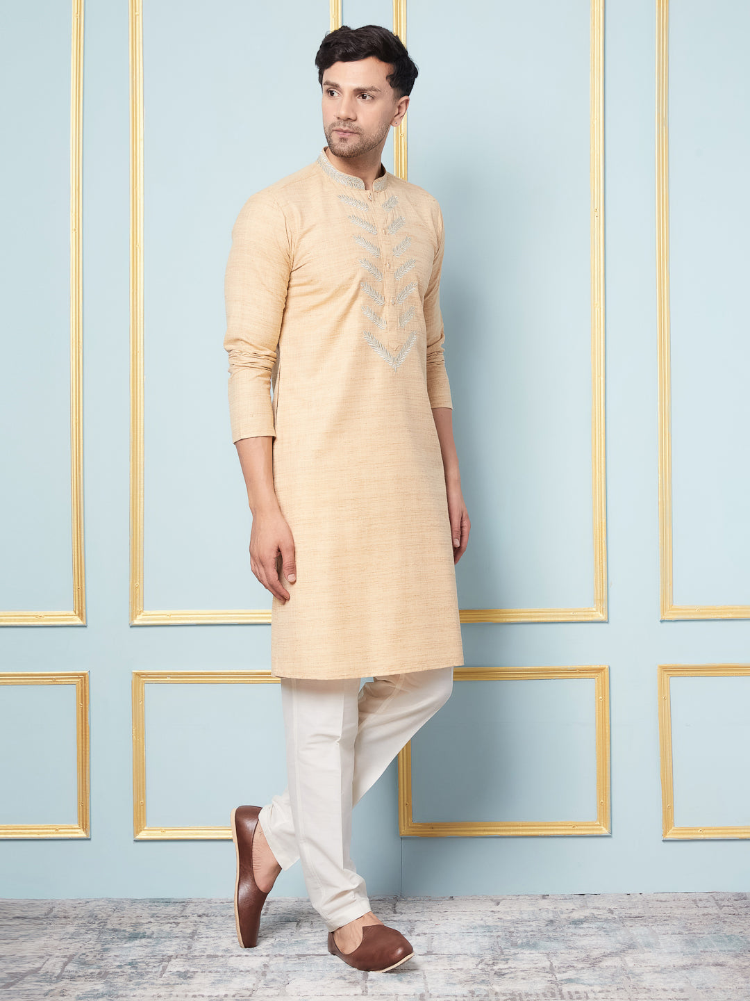 Riwaat.com Men Cream Embroidery Cotton Kurta Riwaat Cotton Embroidered