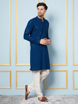 Men Royal Azure Embroidered Sequined Rayon Kurta