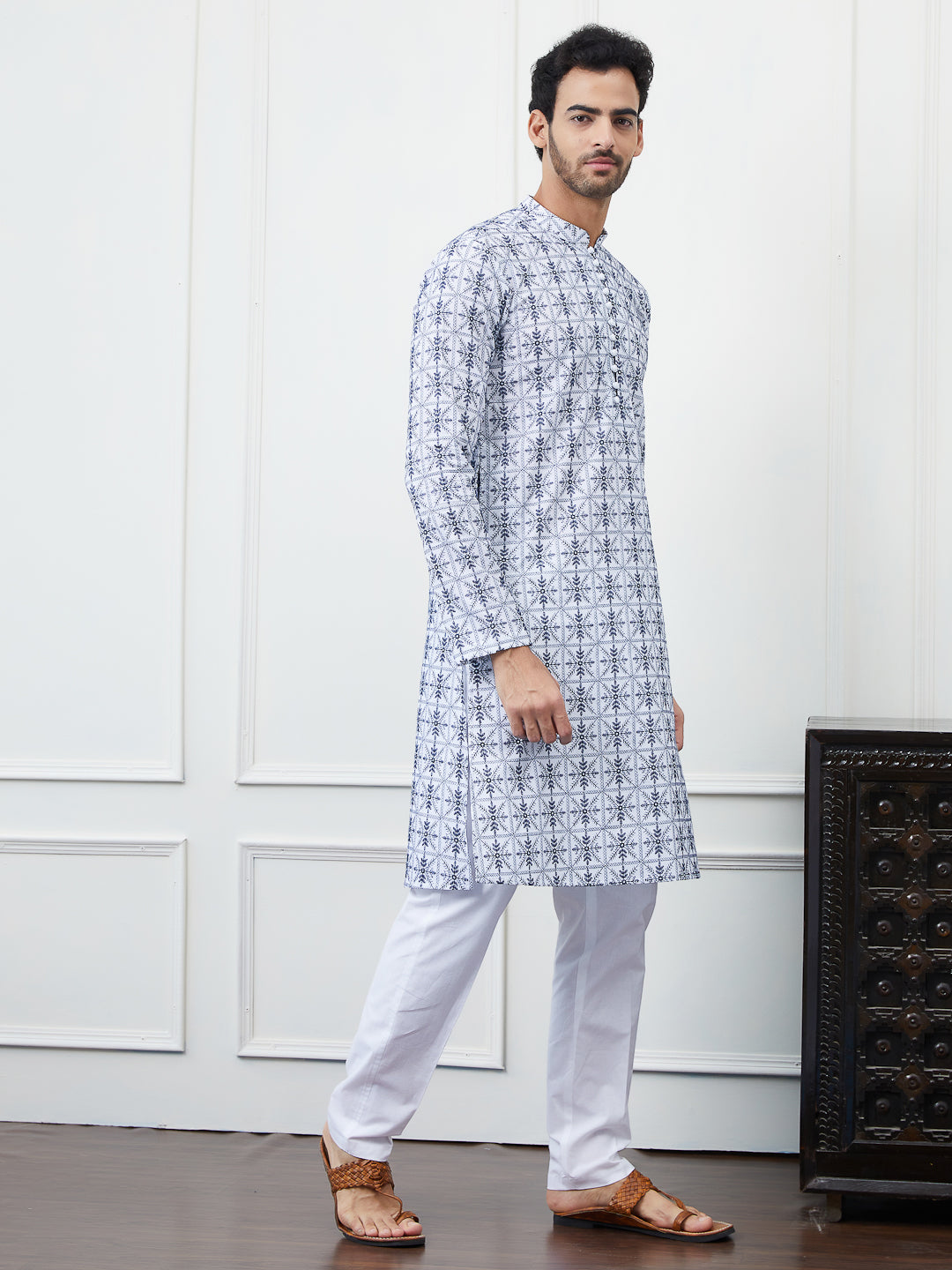 Men Cream And Blue Chikankari Embroidered Cotton Kurta Set
