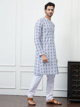 Men Cream And Blue Chikankari Embroidered Cotton Kurta Set