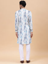 Men White & Blue Pure Cotton Printed Straight Kurta With pyjama