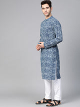 Riwaat.com Men Blue Indigo Hand Block Print Straight Sustainable Kurta Riwaat Printed