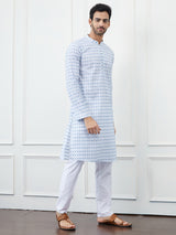 Men White And Light Blue Chikankari Embroidered Cotton Kurta Set