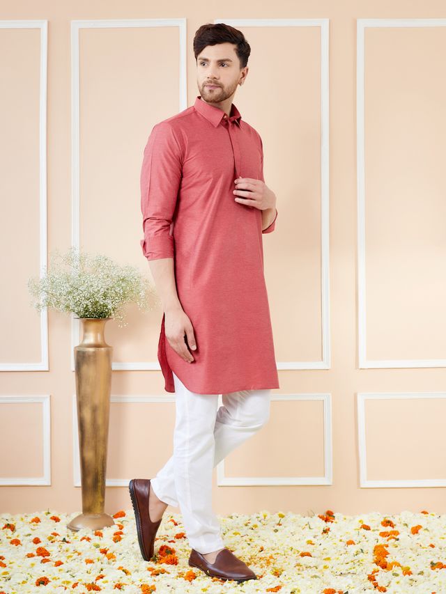 Men Red Cotton Solid Pathani Kurta