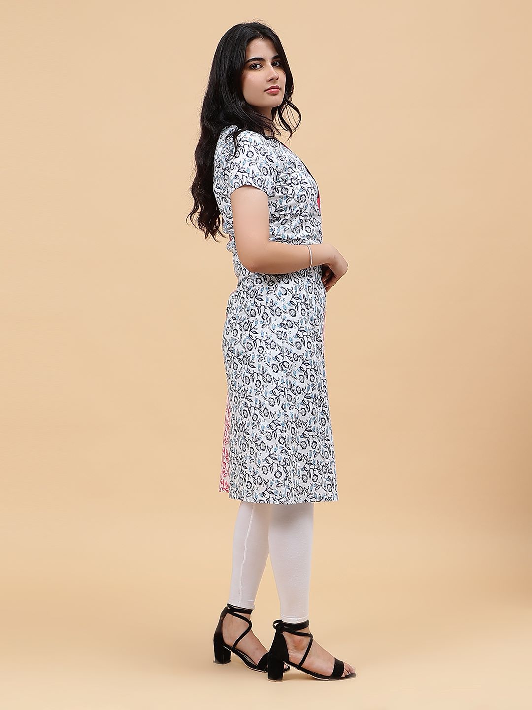 Women White with Navy Blue and Red Floral Pattern Printed Yoke Design Cotton Kurti