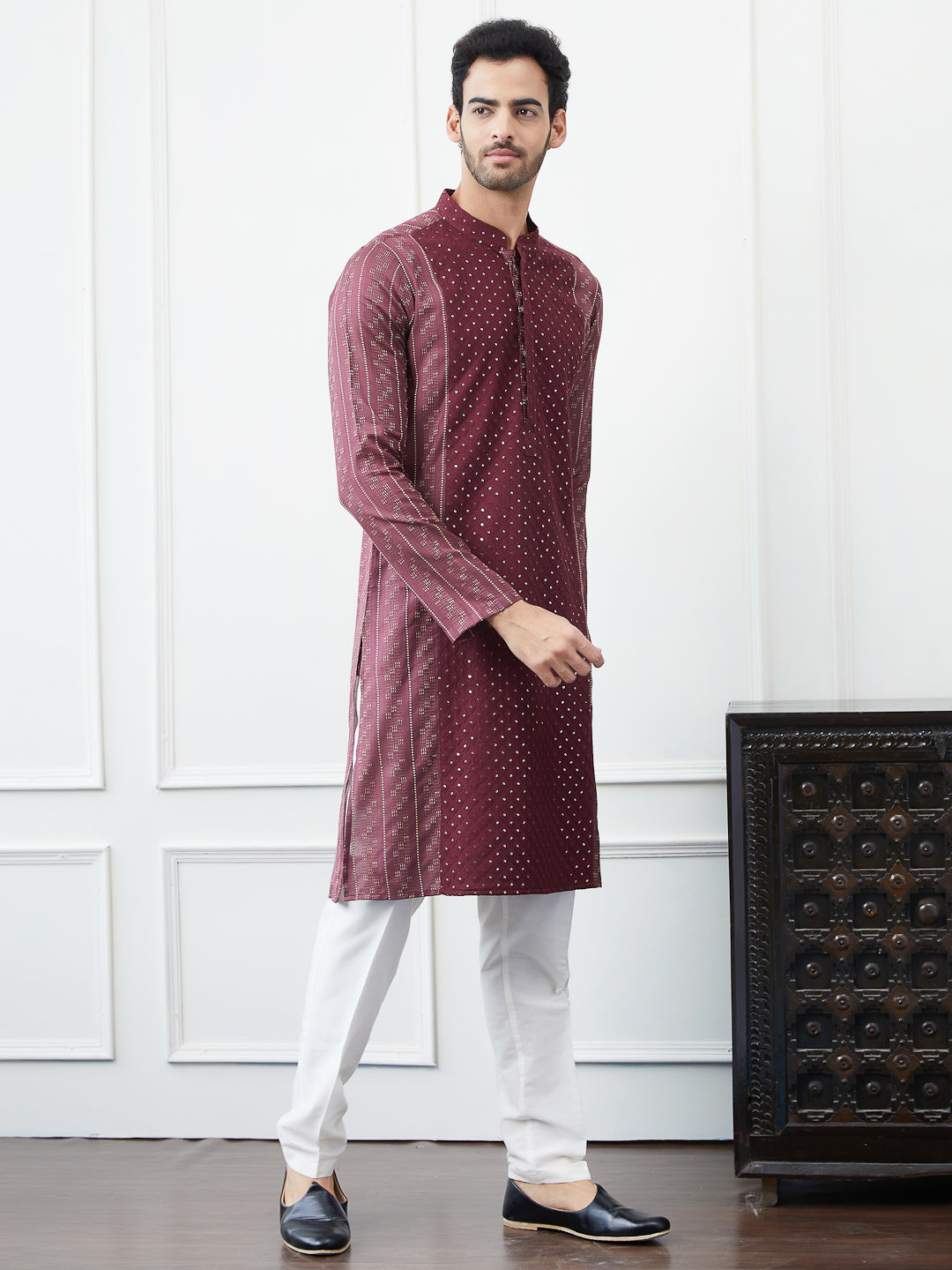 Riwaat.com Men Maroon & Gold Thread Work Embroidery Cotton Silk Kurta Riwaat Embroidered