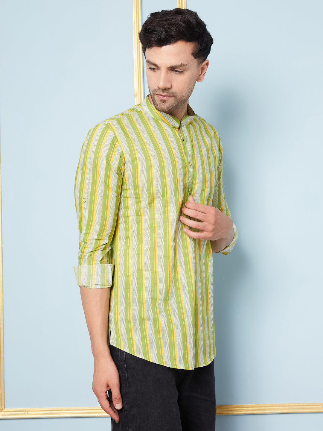 Men Lime Green Striped Cotton Short Kurta