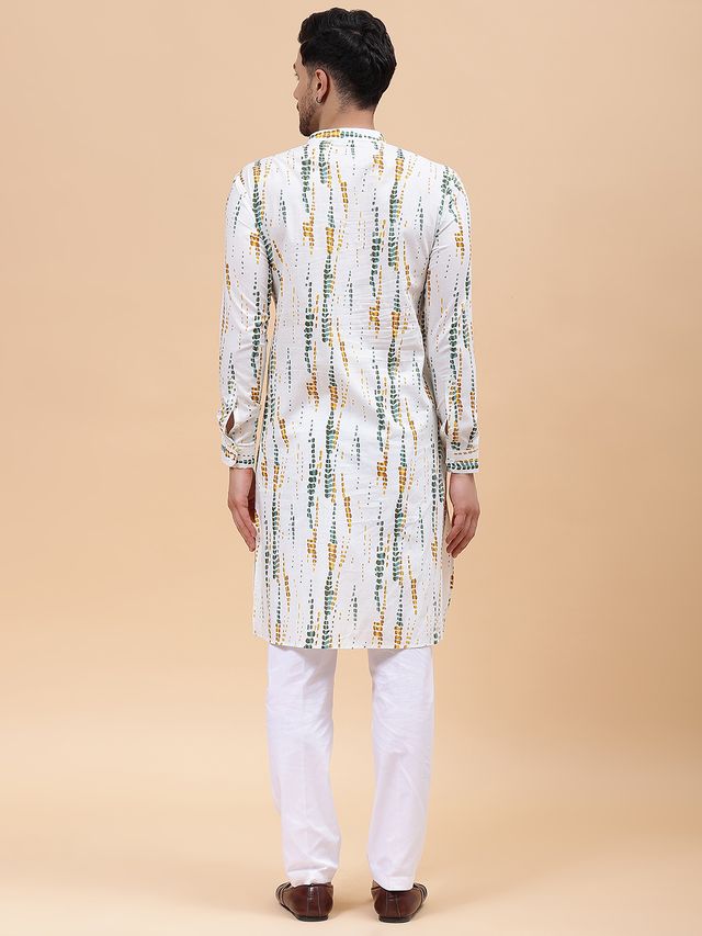 Men White & Mustard Pure Cotton Printed Straight Kurta With pyjama
