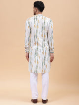 Men White & Mustard Pure Cotton Printed Straight Kurta With pyjama