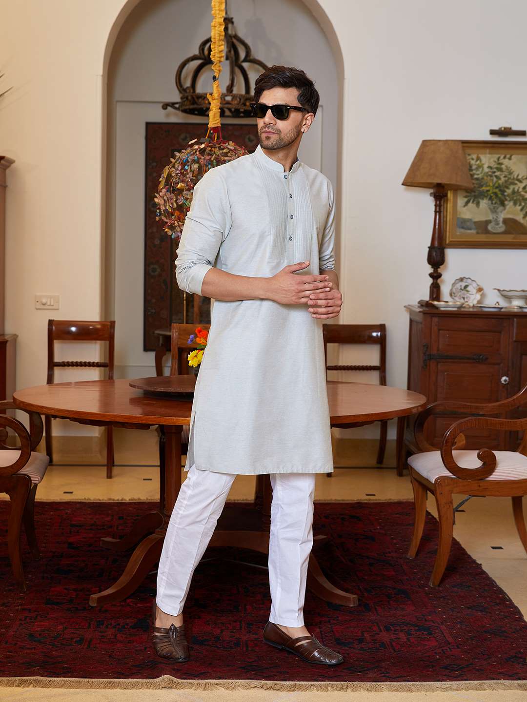 Men Grey Cotton Silk Pintex Yoke Design Kurta With Pajama