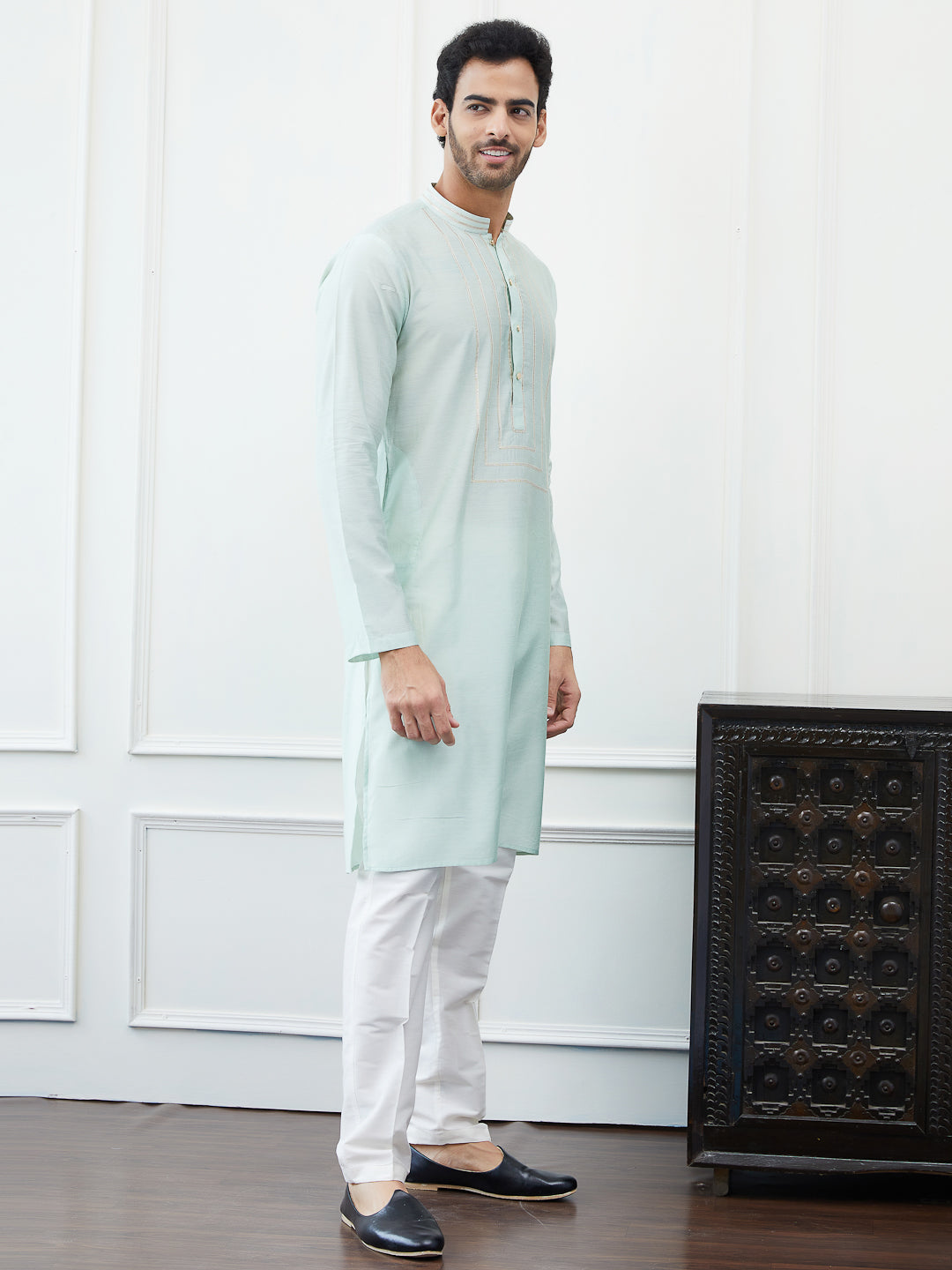 Riwaat.com Men Sea Green & Gold Thread Work Cotton Kurta Riwaat Embroidered Mehendi