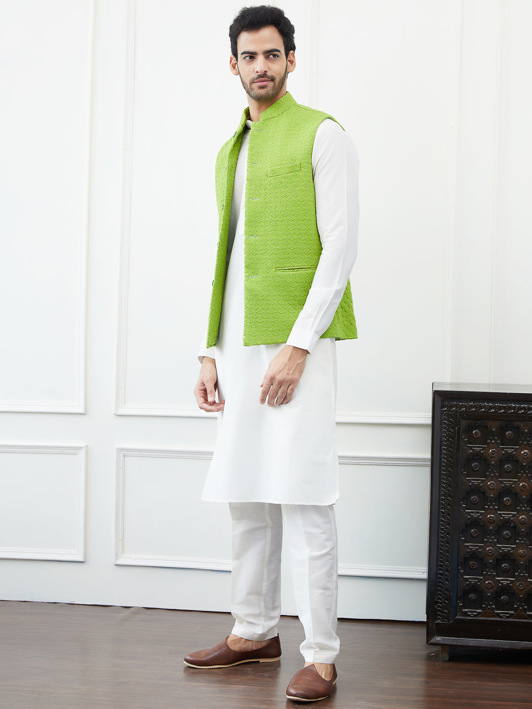 Men Light Green Color Woven Design Embroidery Cotton Nehru Jacket