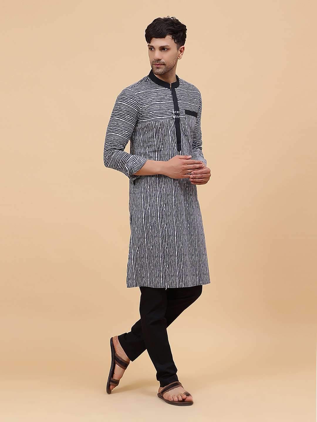 Men Black & White Pure Cotton Thread Work Straight Kurta