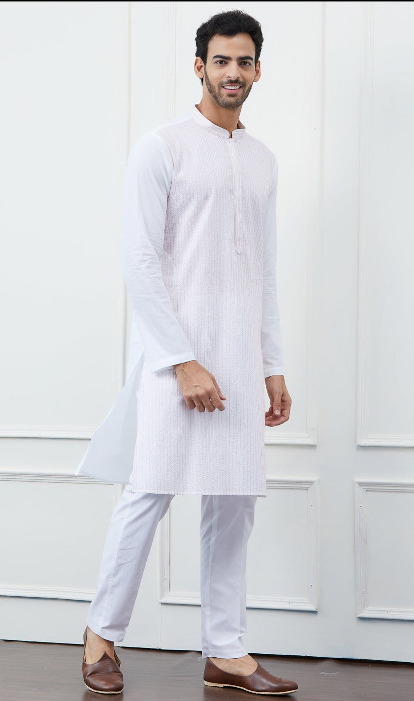 Men White & Pink Thread Work Kurta