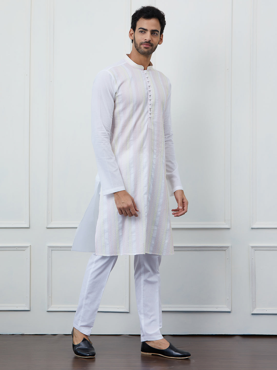 Men White Cotton Multi Thread Work Kurta With Pyjama