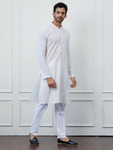 Men White Cotton Multi Thread Work Kurta With Pyjama