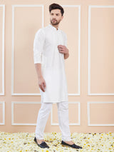 Off White Cotton Solid Straight Kurta with Pintuck Yoke Neck