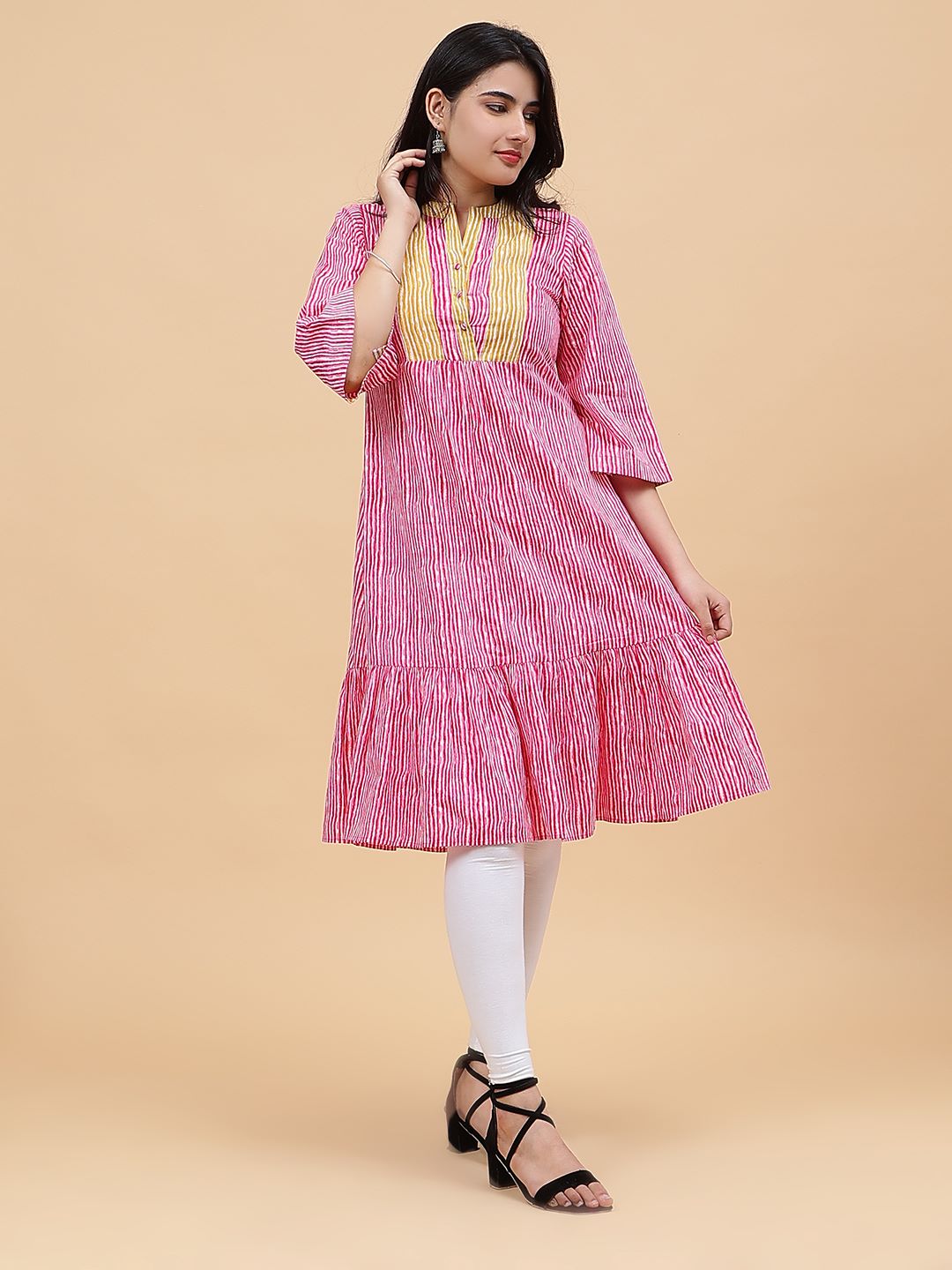 Women Pink And Mustard Printed Cotton Kurti