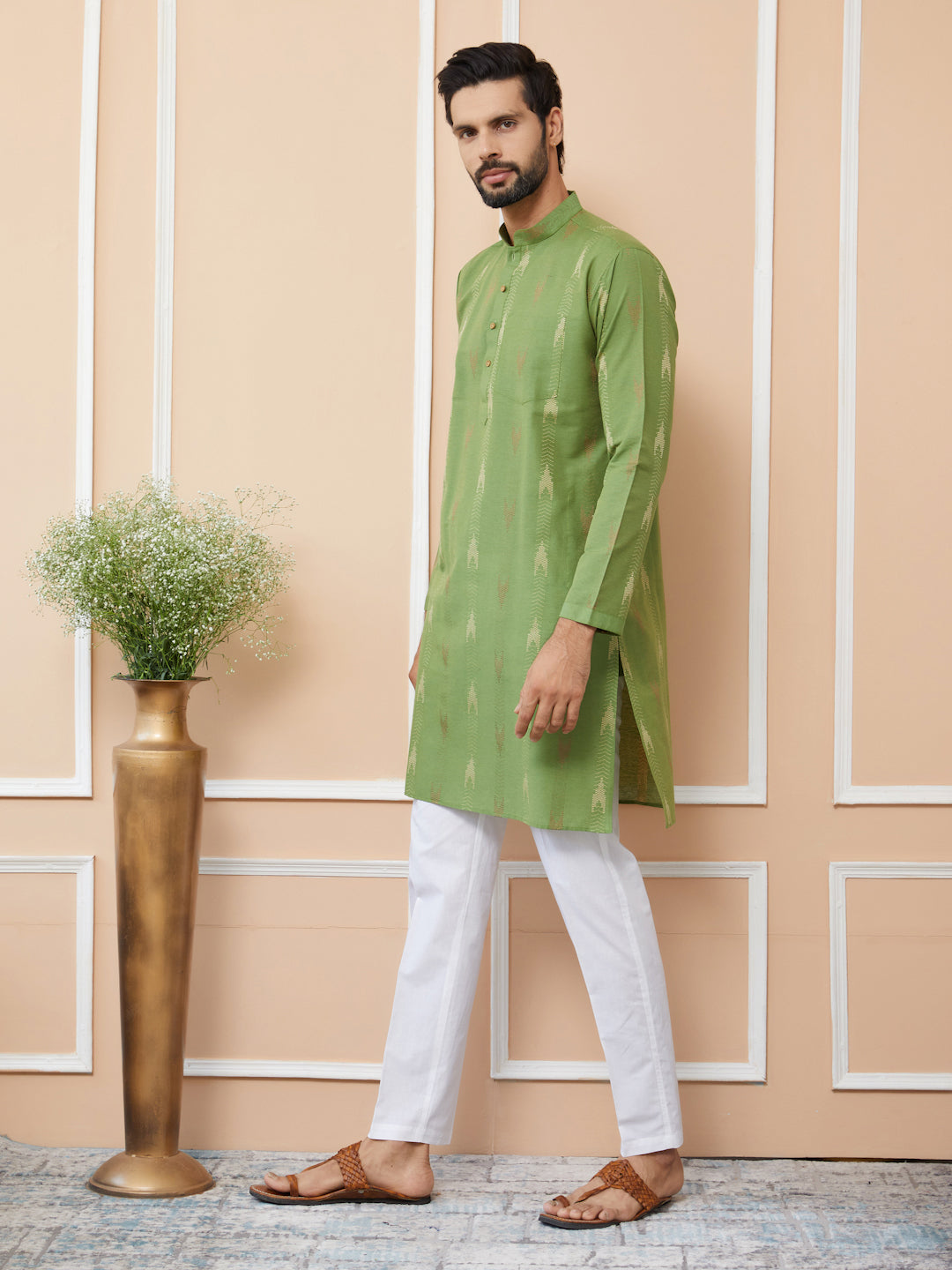 Green Cotton Handloom Motifs Straight Kurta with Pyjama