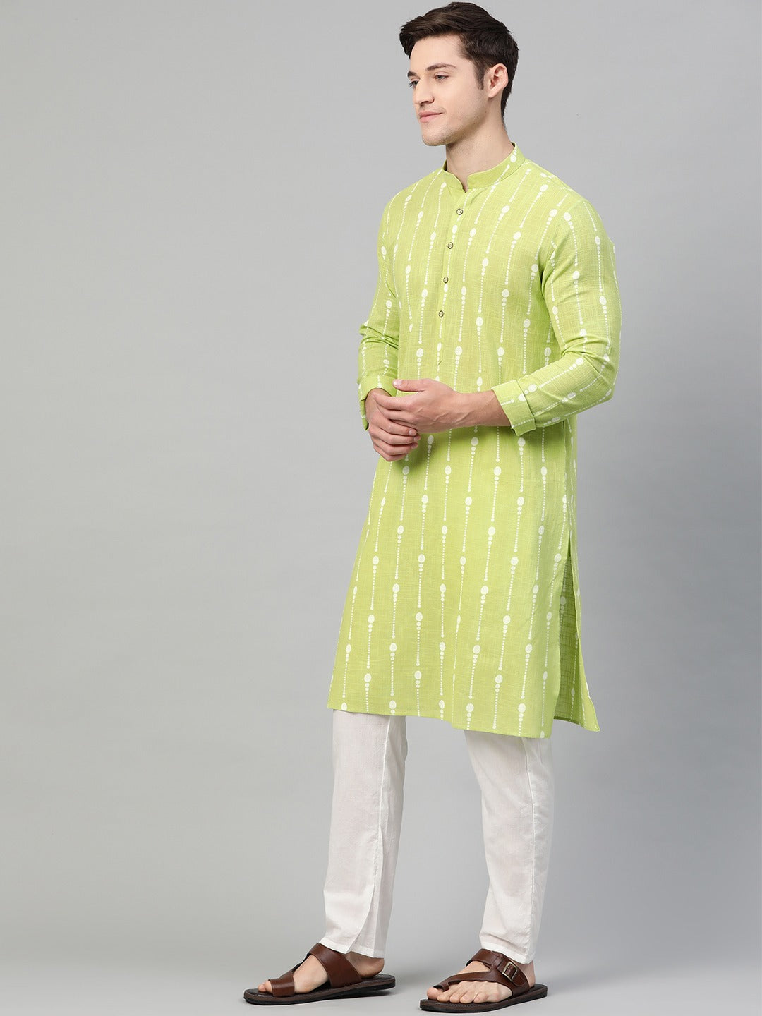 Riwaat.com Men Lime Green & White Printed Straight Kurta Riwaat Bundi Mehendi Printed