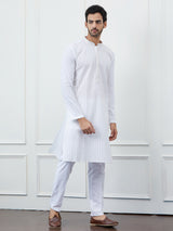 Men White with Golden Striped Kurta and Pajama