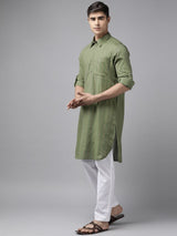 Men Olive Regular Pure Cotton Pathani Printed Men's Kurta