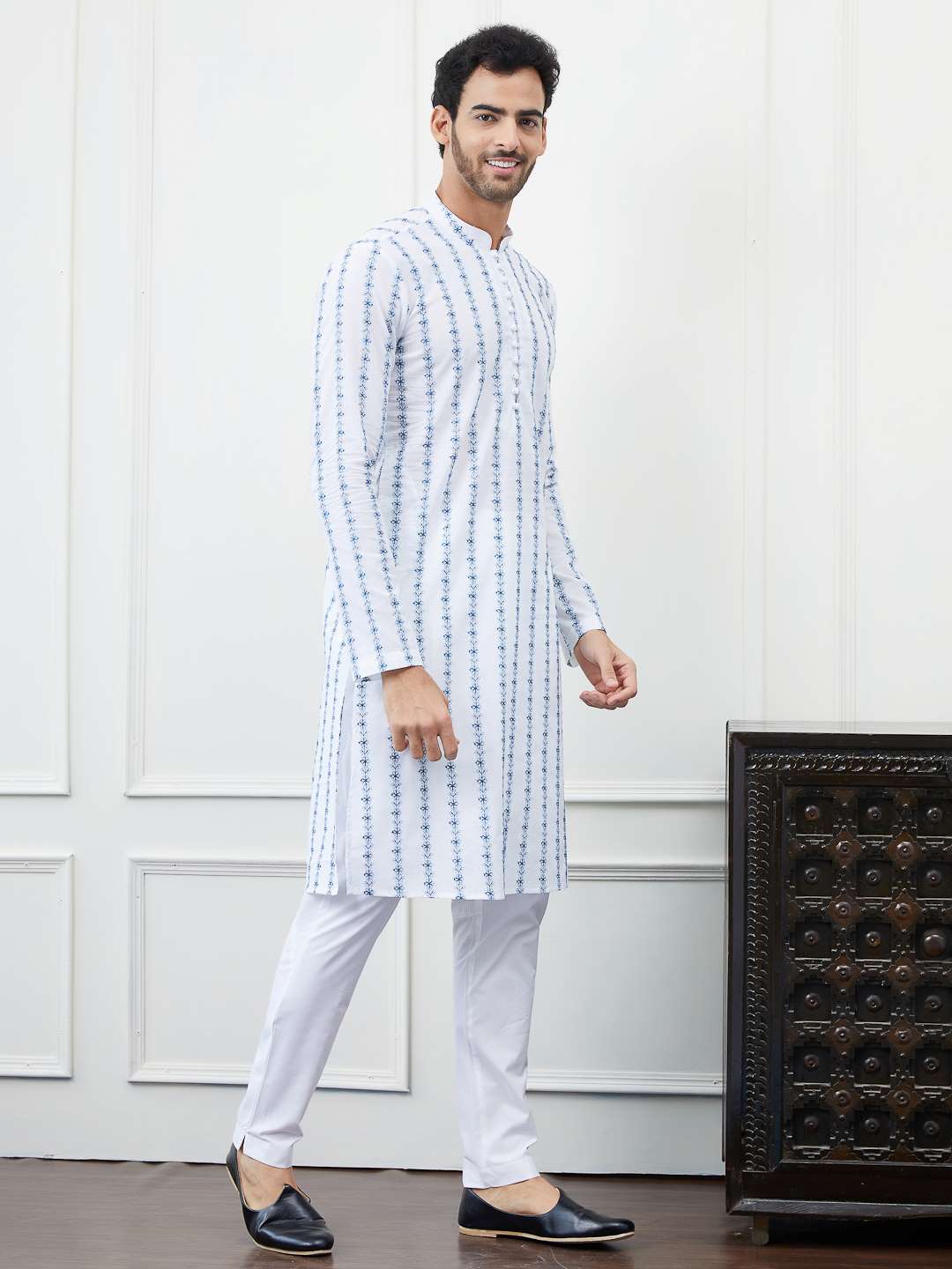 Men White with Vertical Blue Floral Stripes Chikankari Embroidered Cotton Kurta Set