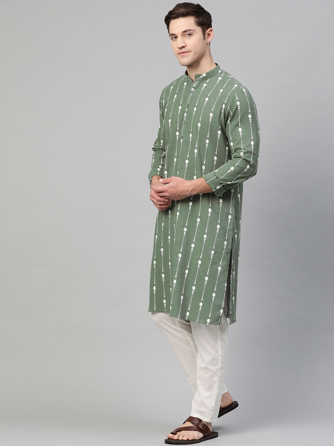 Riwaat.com Men Green & White Printed Straight Kurta Riwaat Bundi Mehendi Printed