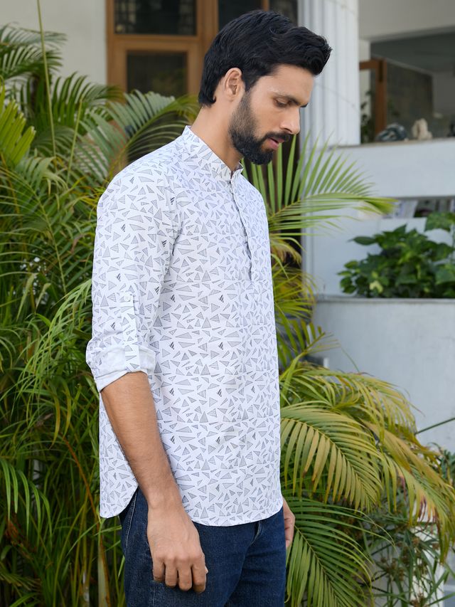 White Geometric Printed Rayon Short Kurta