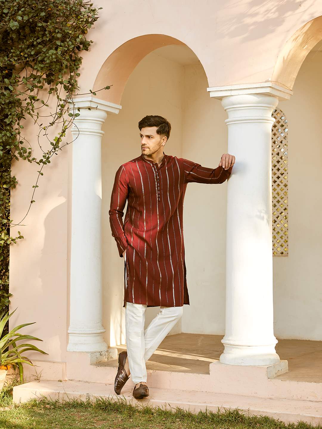 Men Maroon And Gold Chanderi Silk Sequins Kurta With Pajama