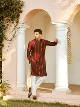 Men Maroon And Gold Chanderi Silk Sequins Kurta With Pajama