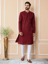 Men Dark Maroon Embroidered Thread Work Sequin Chanderi Silk Straight Kurta