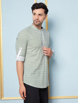 Men Green & White Printed Cotton Short Kurta